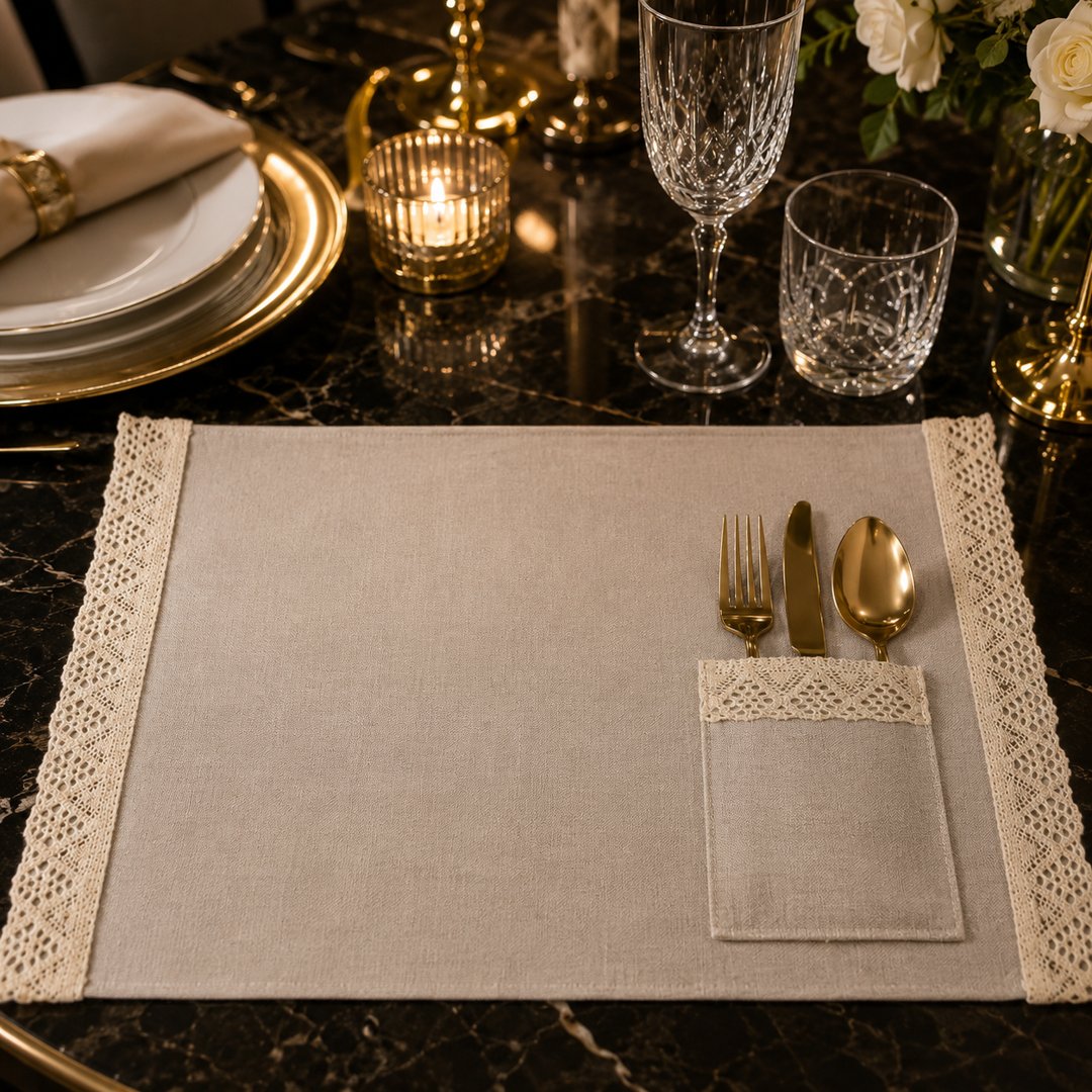 Napron cu aplicații dantelă, cu buzunar pentru tacâmuri - Bej