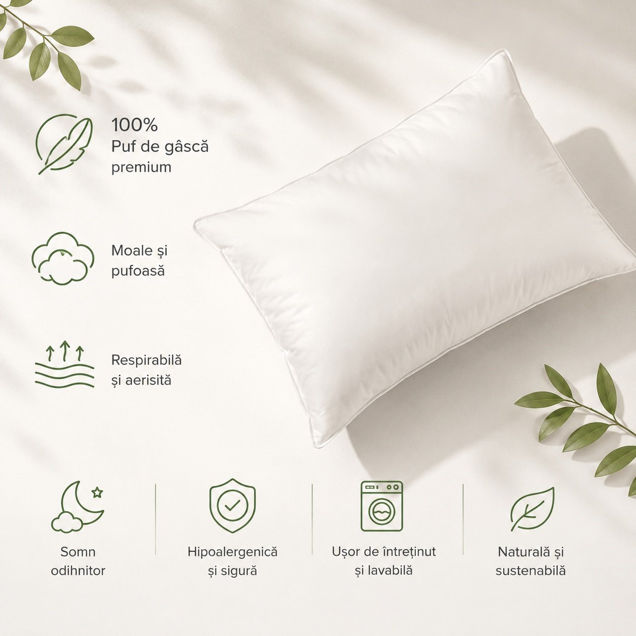 Perna Premium cu Puf de Gâscă 100% – Confort Natural pentru un Somn Odihnitor